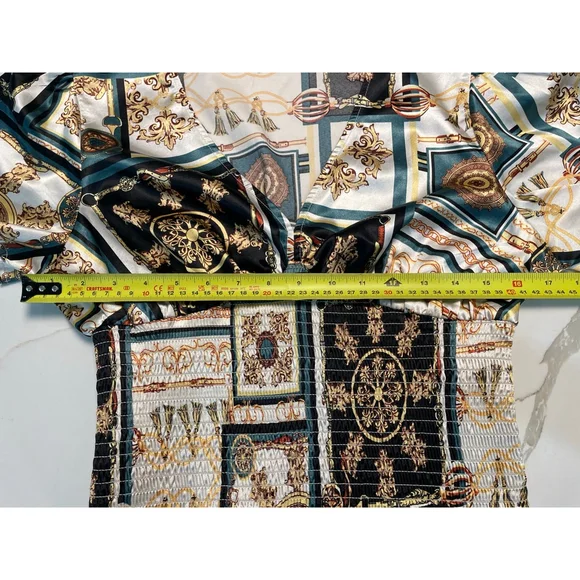 Guess Babydoll Faux Wrap Satin Crop Top M Gold Smocked Mob Wife Y2K Going Out - Picture 13 of 14